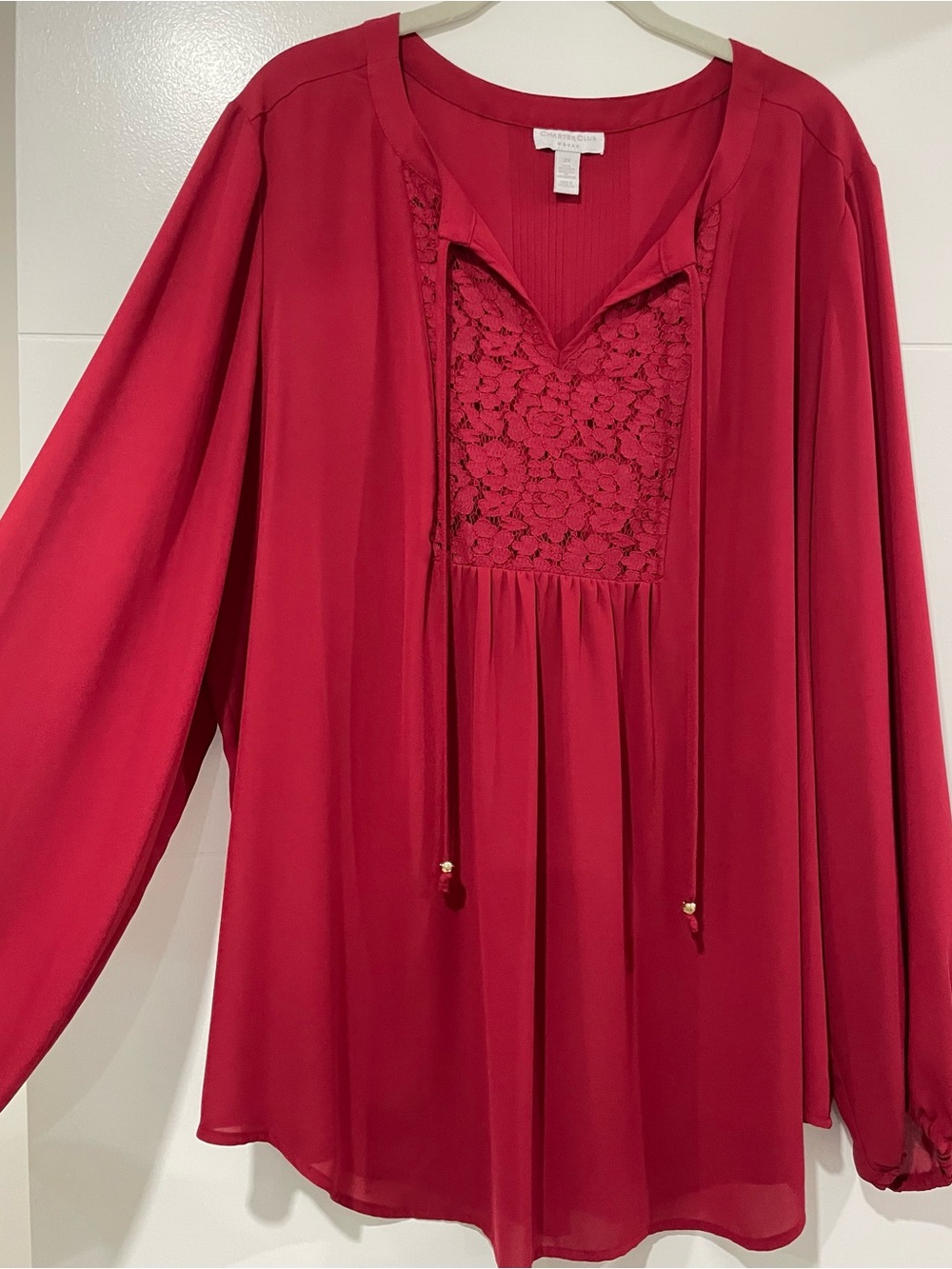 Charter Club Dark Red Lace Yoke Long-Sleeve Blouse